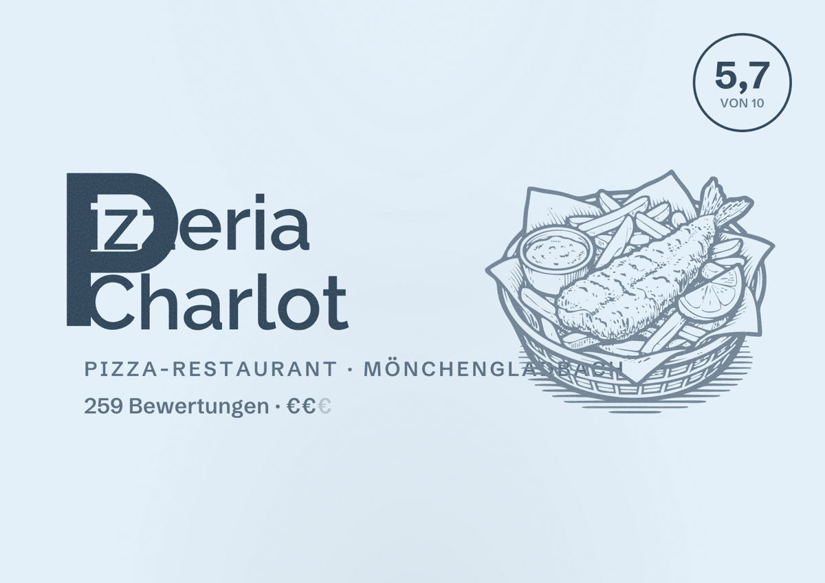 Illustriertes Poster von Pizzeria Charlot, Pizza-Restaurant in Mönchengladbach: Bewertung 5,7 von 10 aus 259 Bewertungen, Preisniveau €€