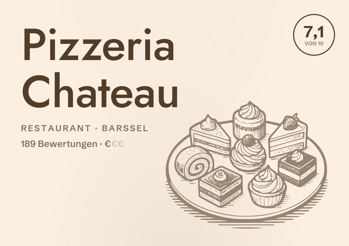 Illustriertes Poster von Pizzeria Chateau, Restaurant in Barßel: Bewertung 7,1 von 10 aus 189 Bewertungen, Preisniveau €