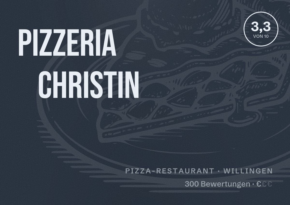 Illustriertes Poster von Pizzeria Christin, Pizza-Restaurant in Willingen: Bewertung 3,3 von 10 aus 300 Bewertungen, Preisniveau €