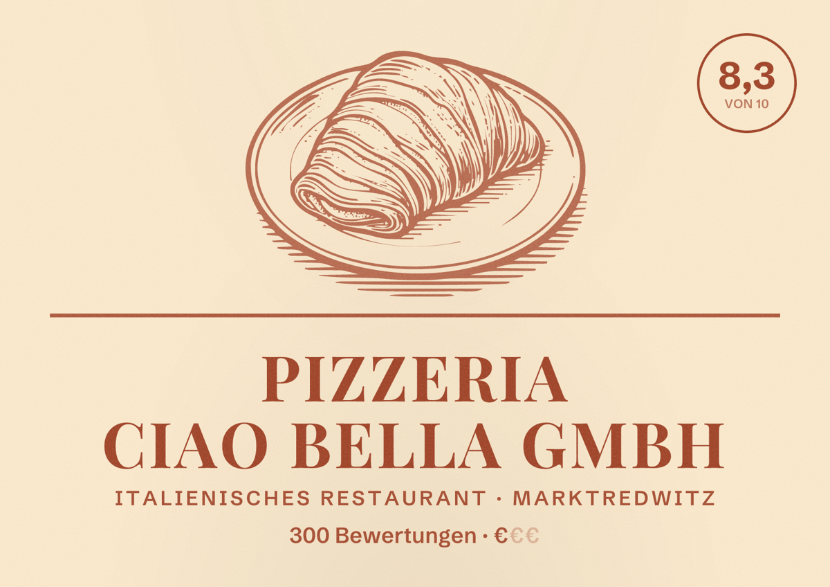 Illustriertes Poster von Pizzeria Ciao Bella GmbH, Italienisches Restaurant in Marktredwitz: Bewertung 8,3 von 10 aus 300 Bewertungen, Preisniveau €