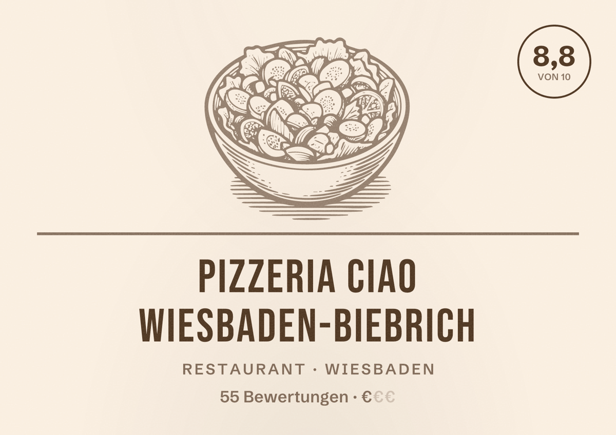 Illustriertes Poster von Pizzeria Ciao Wiesbaden-Biebrich, Restaurant in Wiesbaden: Bewertung 8,8 von 10 aus 55 Bewertungen, Preisniveau €