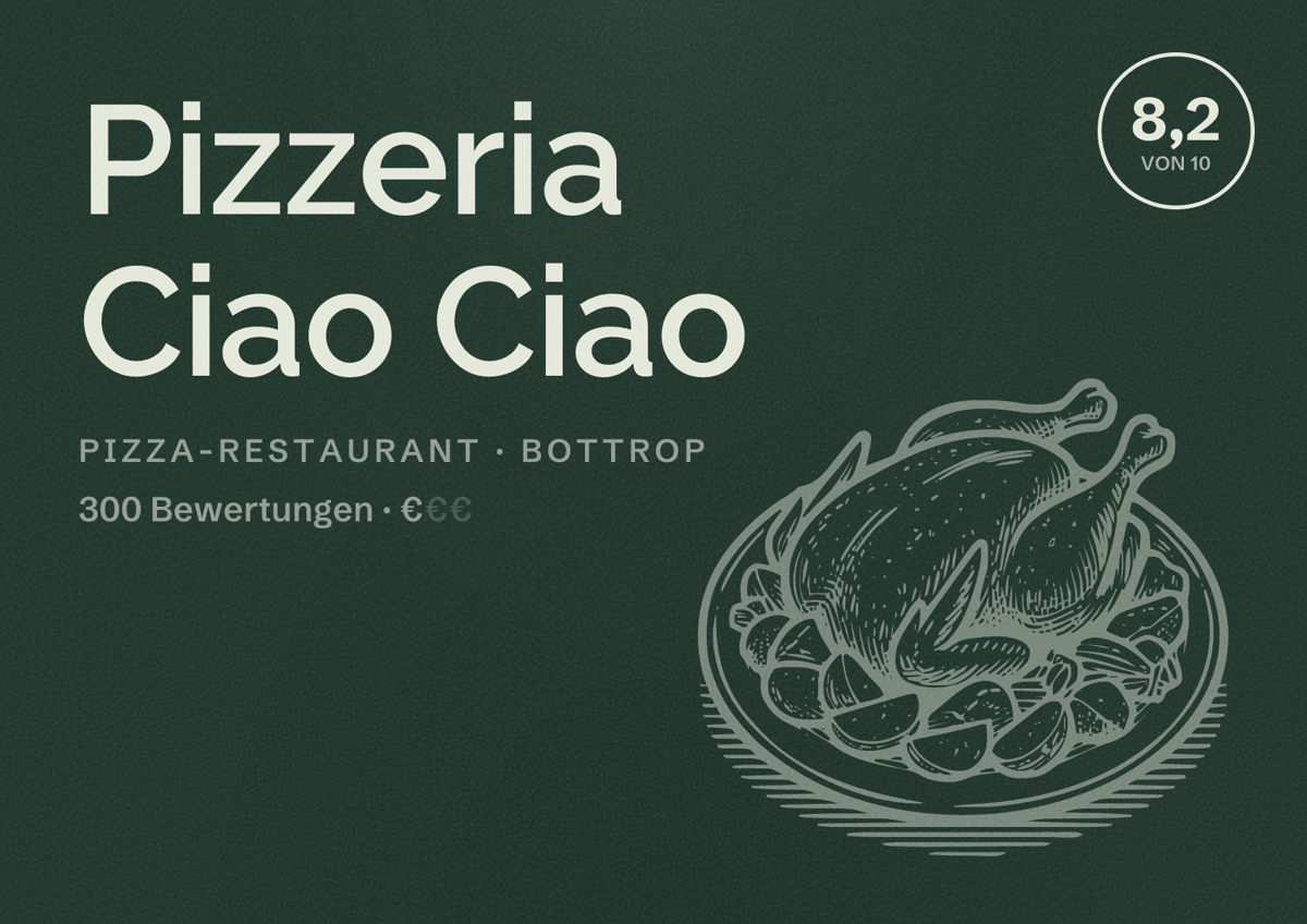 Illustriertes Poster von Pizzeria Ciao Ciao, Pizza-Restaurant in Bottrop: Bewertung 8,2 von 10 aus 300 Bewertungen, Preisniveau €