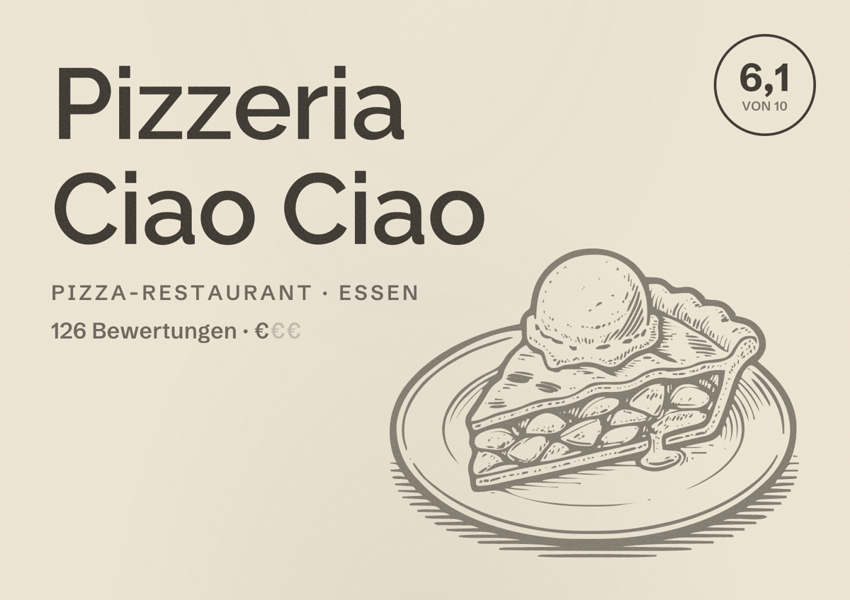 Illustriertes Poster von Pizzeria Ciao Ciao, Pizza-Restaurant in Essen: Bewertung 6,1 von 10 aus 126 Bewertungen, Preisniveau €