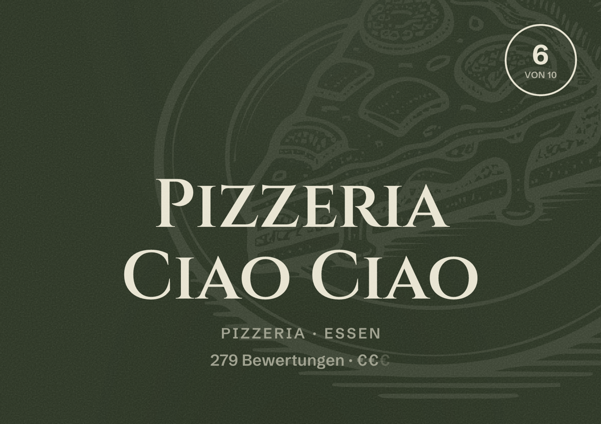 Illustriertes Poster von Pizzeria Ciao Ciao, Pizzeria in Essen: Bewertung 6 von 10 aus 279 Bewertungen, Preisniveau €€