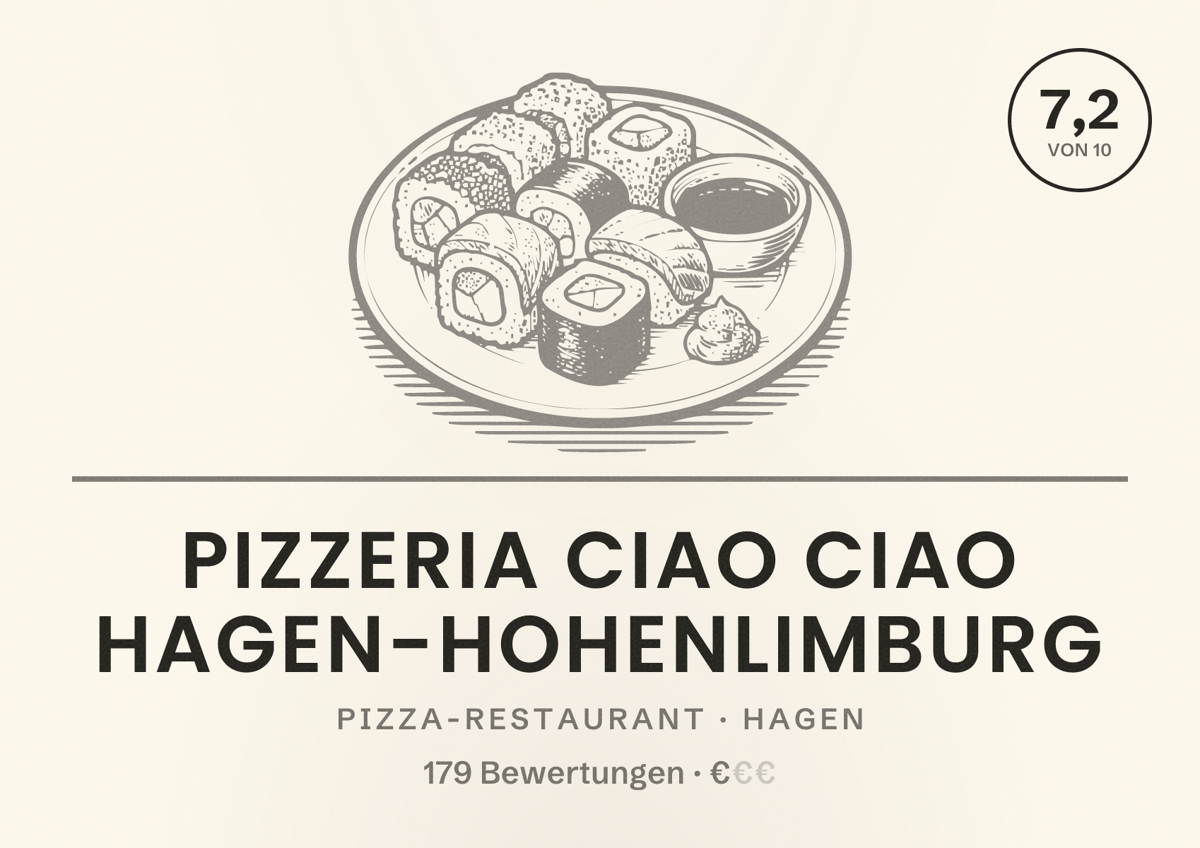 Illustriertes Poster von Pizzeria Ciao Ciao Hagen-Hohenlimburg, Pizza-Restaurant in Hagen: Bewertung 7,2 von 10 aus 179 Bewertungen, Preisniveau €