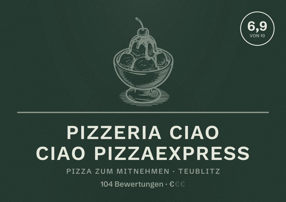 Illustriertes Poster von Pizzeria Ciao Ciao Pizzaexpress, Pizza zum Mitnehmen in Teublitz: Bewertung 6,9 von 10 aus 104 Bewertungen, Preisniveau €