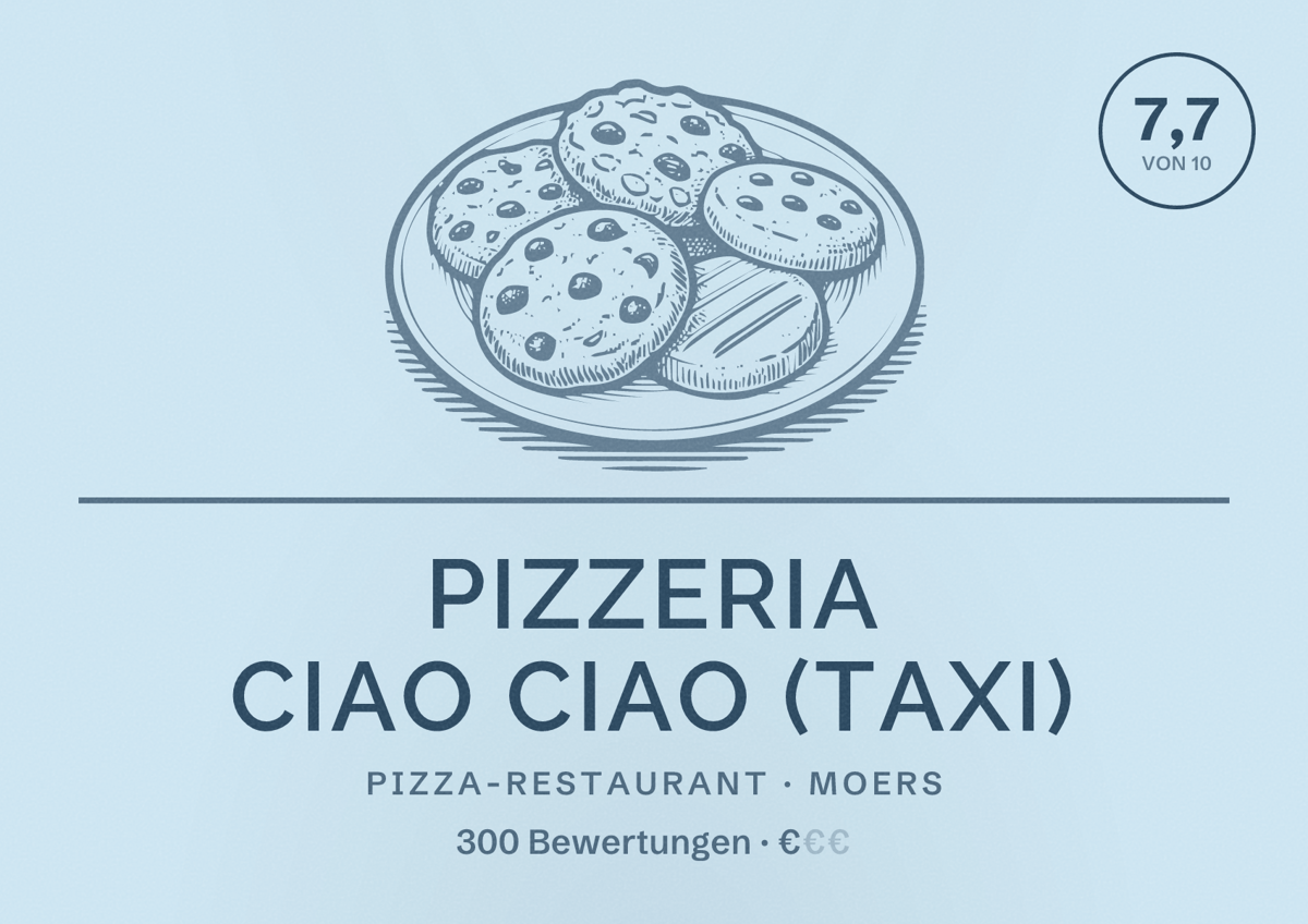 Illustriertes Poster von Pizzeria Ciao Ciao (Taxi), Pizza-Restaurant in Moers: Bewertung 7,7 von 10 aus 300 Bewertungen, Preisniveau €
