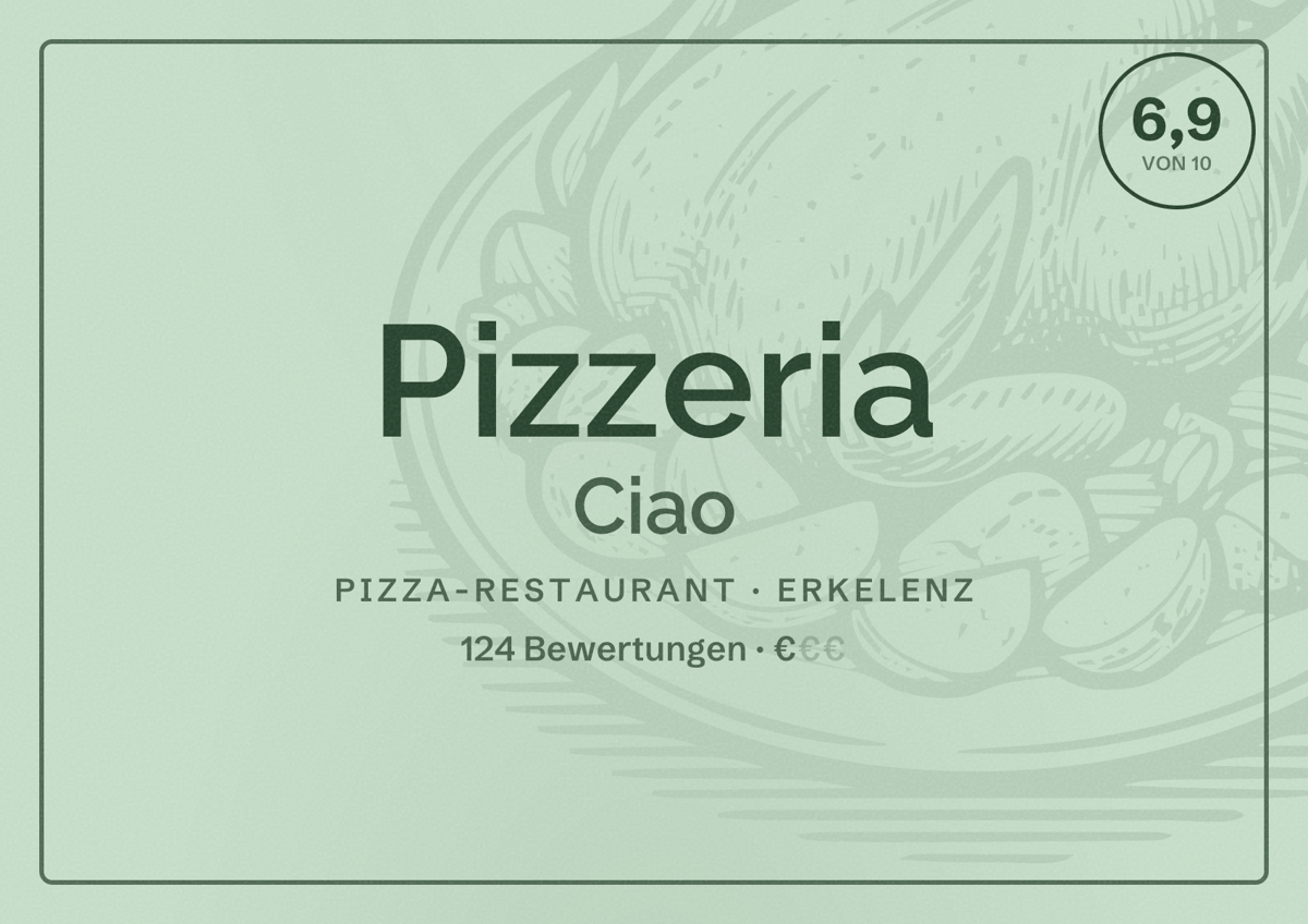 Illustriertes Poster von Pizzeria Ciao, Pizza-Restaurant in Erkelenz: Bewertung 6,9 von 10 aus 124 Bewertungen, Preisniveau €
