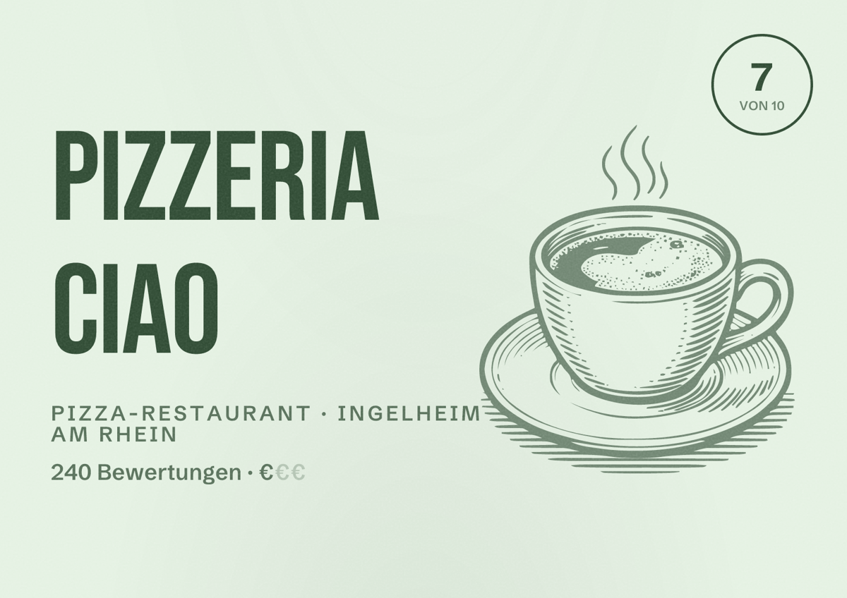 Illustriertes Poster von Pizzeria Ciao, Pizza-Restaurant in Ingelheim am Rhein: Bewertung 7 von 10 aus 240 Bewertungen, Preisniveau €