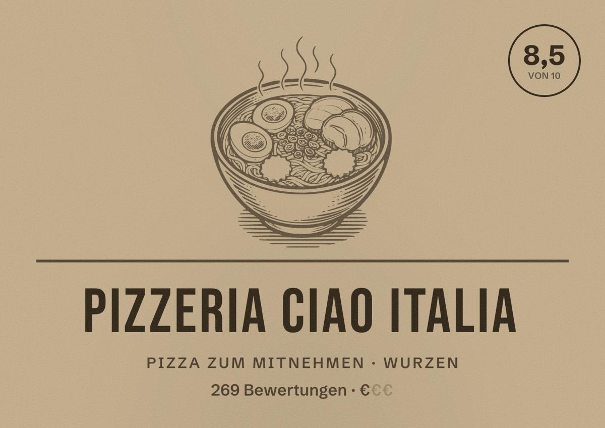 Illustriertes Poster von Pizzeria Ciao Italia, Pizza zum Mitnehmen in Wurzen: Bewertung 8,5 von 10 aus 269 Bewertungen, Preisniveau €