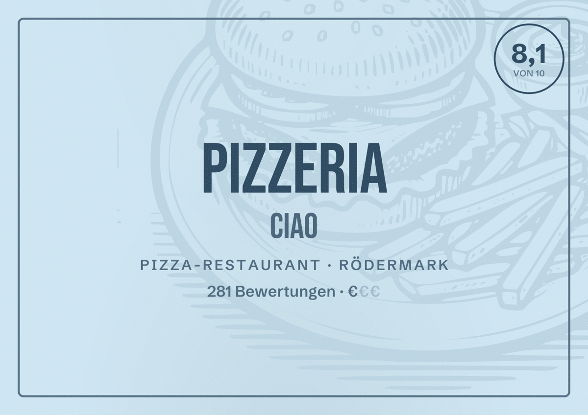 Illustriertes Poster von Pizzeria Ciao, Pizza-Restaurant in Rödermark: Bewertung 8,1 von 10 aus 281 Bewertungen, Preisniveau €