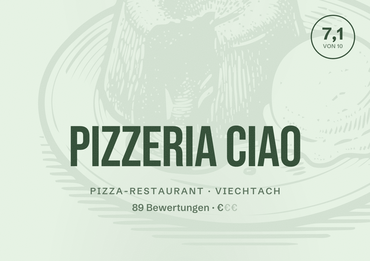 Illustriertes Poster von Pizzeria Ciao, Pizza-Restaurant in Viechtach: Bewertung 7,1 von 10 aus 89 Bewertungen, Preisniveau €