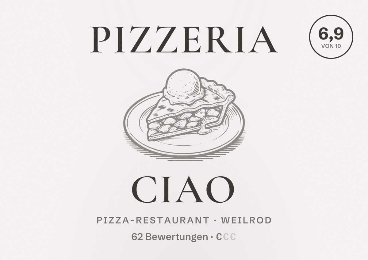 Illustriertes Poster von Pizzeria Ciao, Pizza-Restaurant in Weilrod: Bewertung 6,9 von 10 aus 62 Bewertungen, Preisniveau €