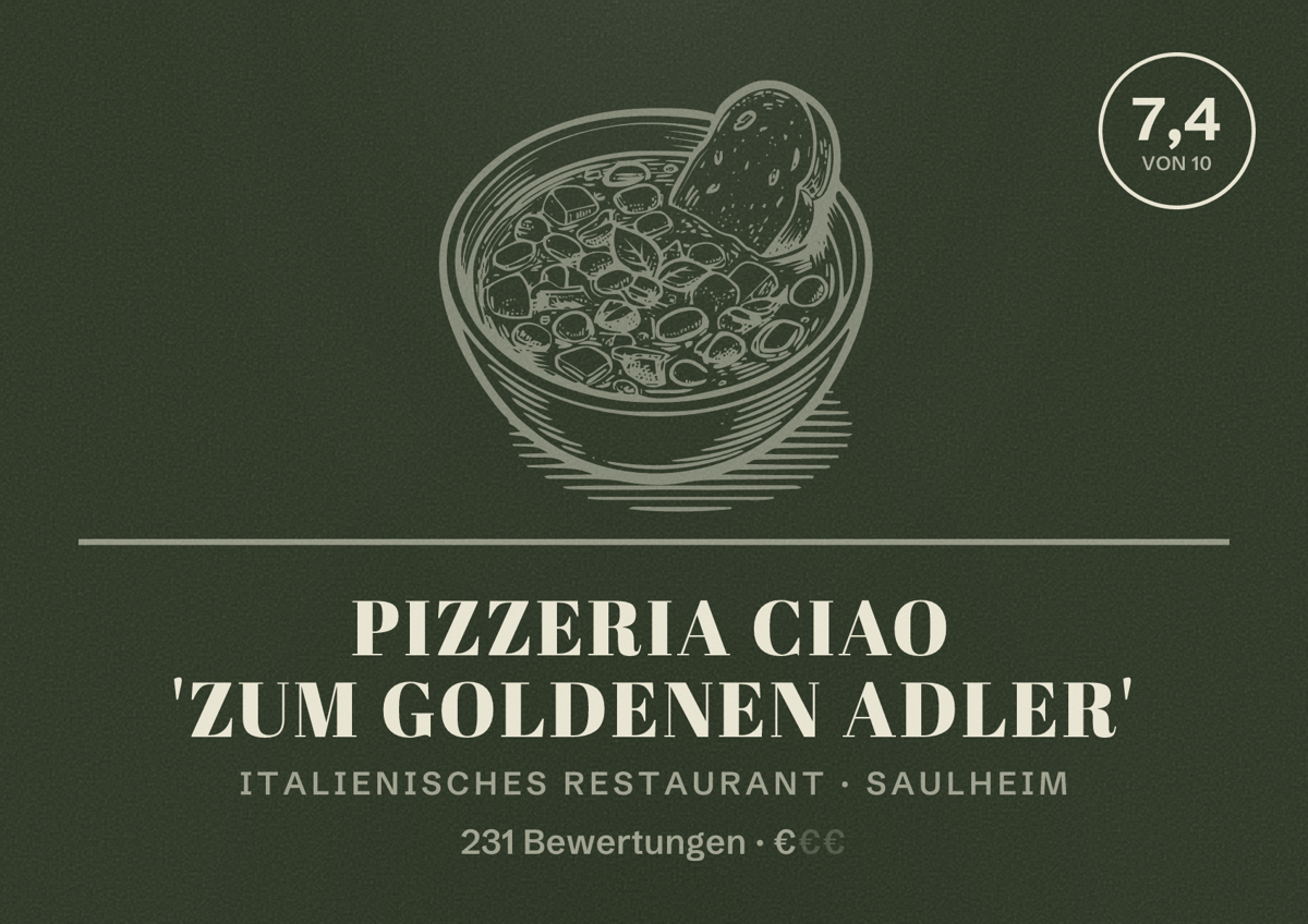Illustriertes Poster von Pizzeria Ciao 'Zum Goldenen Adler', Italienisches Restaurant in Saulheim: Bewertung 7,4 von 10 aus 231 Bewertungen, Preisniveau €