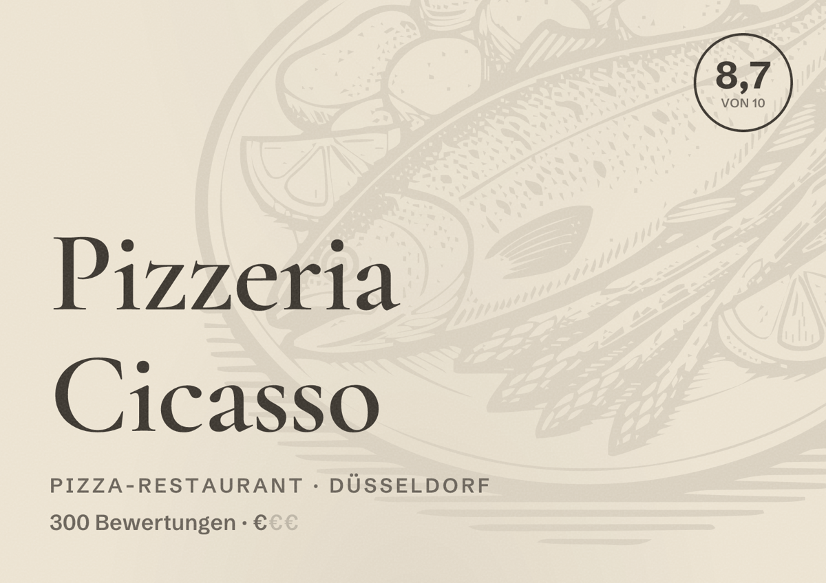 Illustriertes Poster von Pizzeria Cicasso, Pizza-Restaurant in Düsseldorf: Bewertung 8,7 von 10 aus 300 Bewertungen, Preisniveau €
