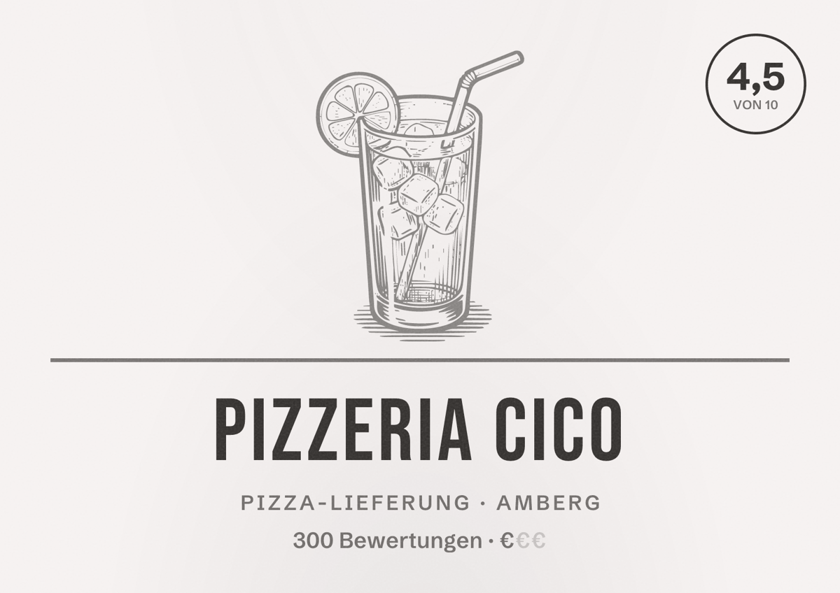 Illustriertes Poster von Pizzeria Cico, Pizza-Lieferung in Amberg: Bewertung 4,5 von 10 aus 300 Bewertungen, Preisniveau €