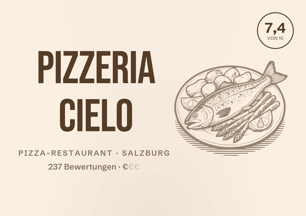 Illustriertes Poster von Pizzeria Cielo, Pizza-Restaurant in Salzburg: Bewertung 7,4 von 10 aus 237 Bewertungen, Preisniveau €