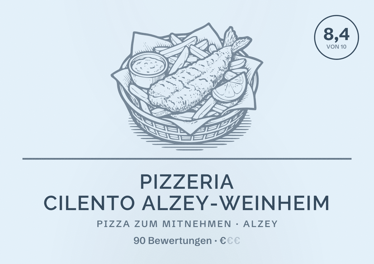 Illustriertes Poster von Pizzeria Cilento Alzey-Weinheim, Pizza zum Mitnehmen in Alzey: Bewertung 8,4 von 10 aus 90 Bewertungen, Preisniveau €