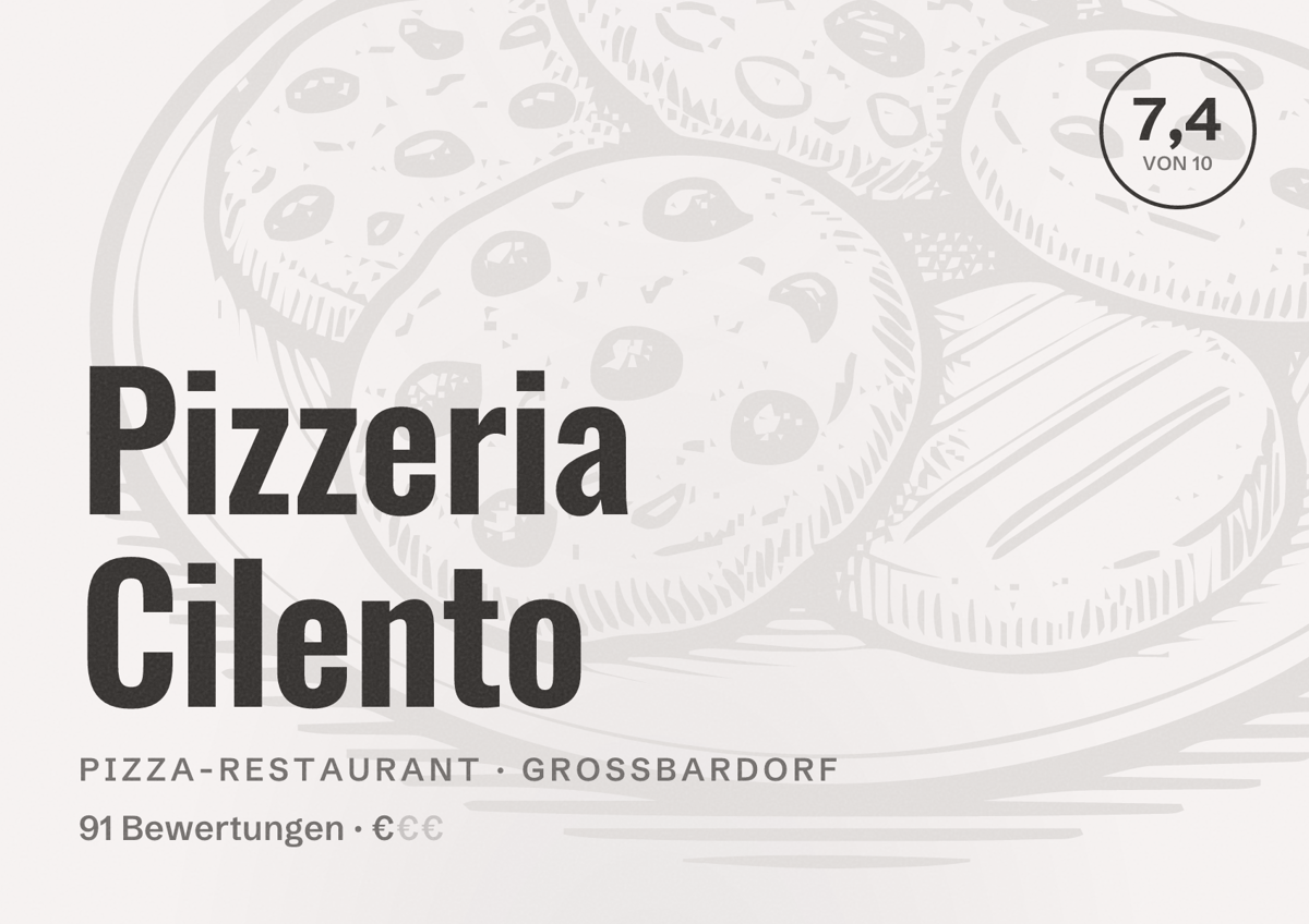 Illustriertes Poster von Pizzeria Cilento, Pizza-Restaurant in Großbardorf: Bewertung 7,4 von 10 aus 91 Bewertungen, Preisniveau €
