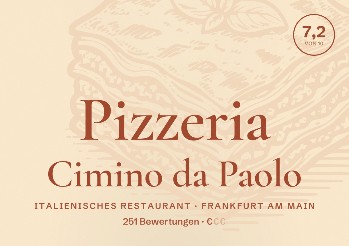 Illustriertes Poster von Pizzeria Cimino da Paolo, Italienisches Restaurant in Frankfurt am Main: Bewertung 7,2 von 10 aus 251 Bewertungen, Preisniveau €