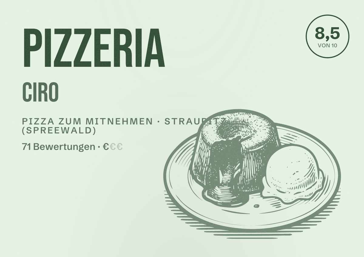 Illustriertes Poster von Pizzeria Ciro, Pizza zum Mitnehmen in Straupitz (Spreewald): Bewertung 8,5 von 10 aus 71 Bewertungen, Preisniveau €