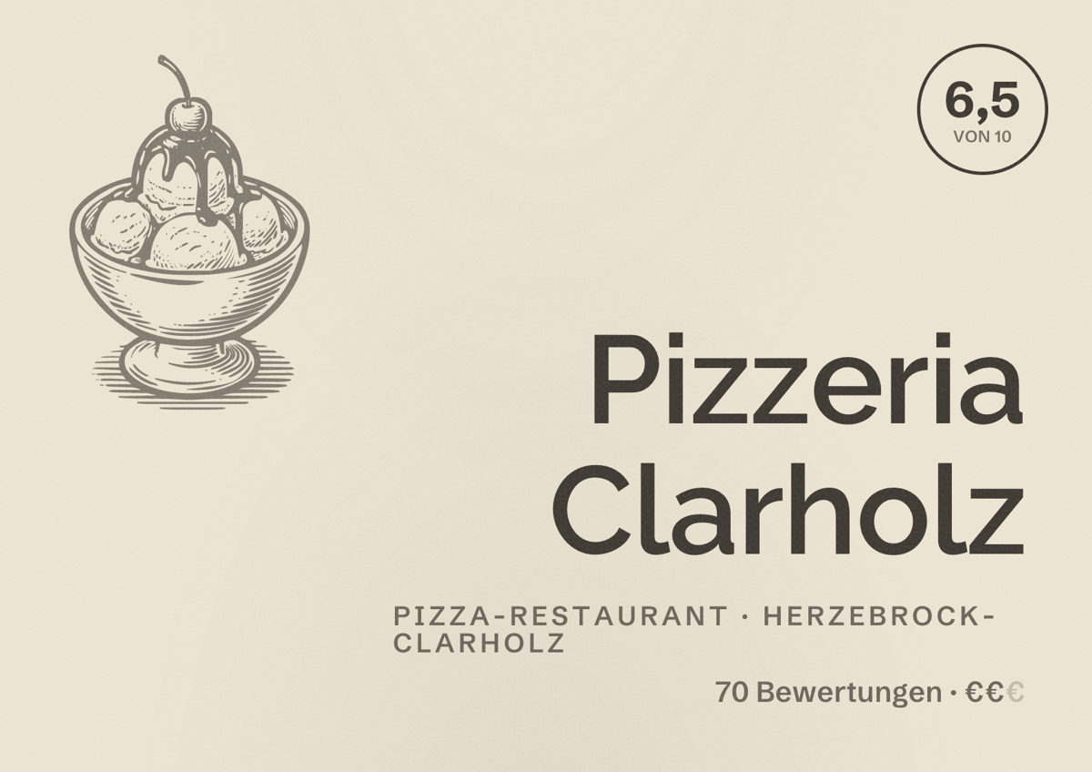 Illustriertes Poster von Pizzeria Clarholz, Pizza-Restaurant in Herzebrock-Clarholz: Bewertung 6,5 von 10 aus 70 Bewertungen, Preisniveau €€