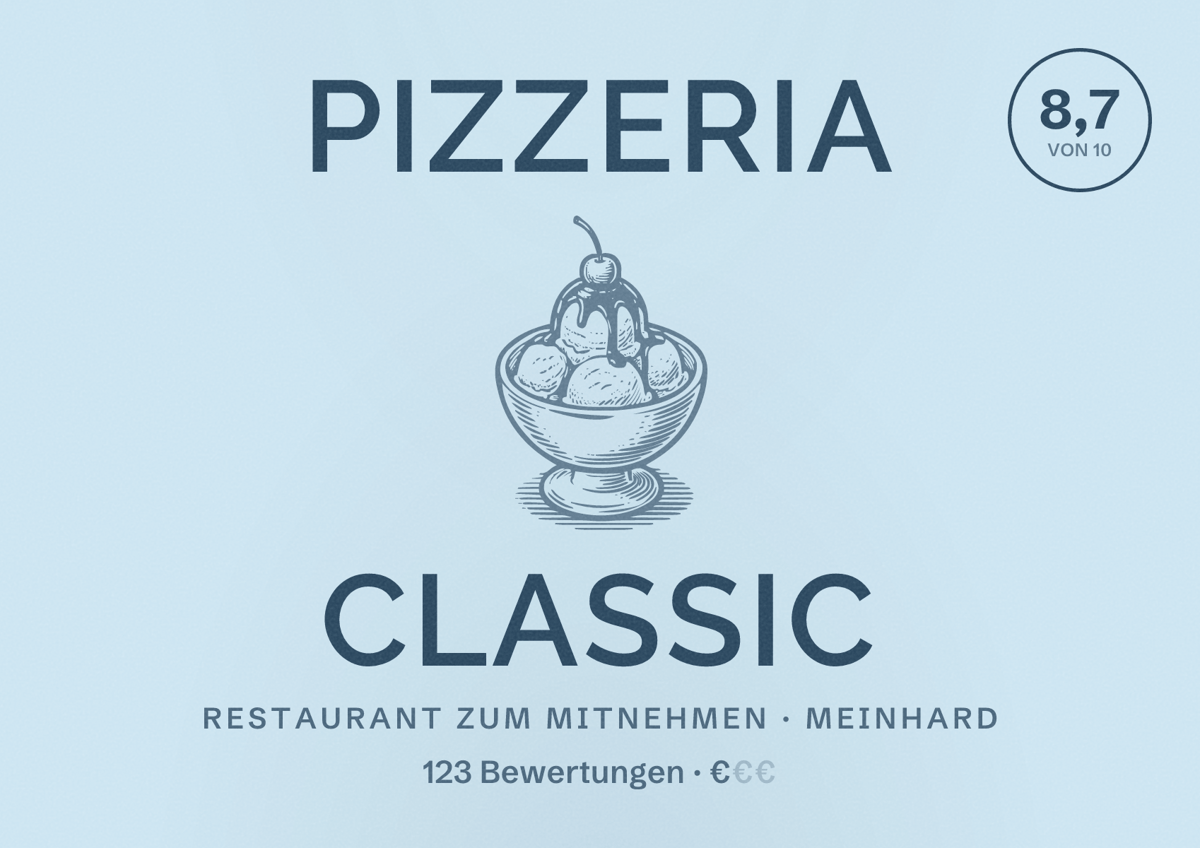 Illustriertes Poster von Pizzeria Classic, Restaurant zum Mitnehmen in Meinhard: Bewertung 8,7 von 10 aus 123 Bewertungen, Preisniveau €