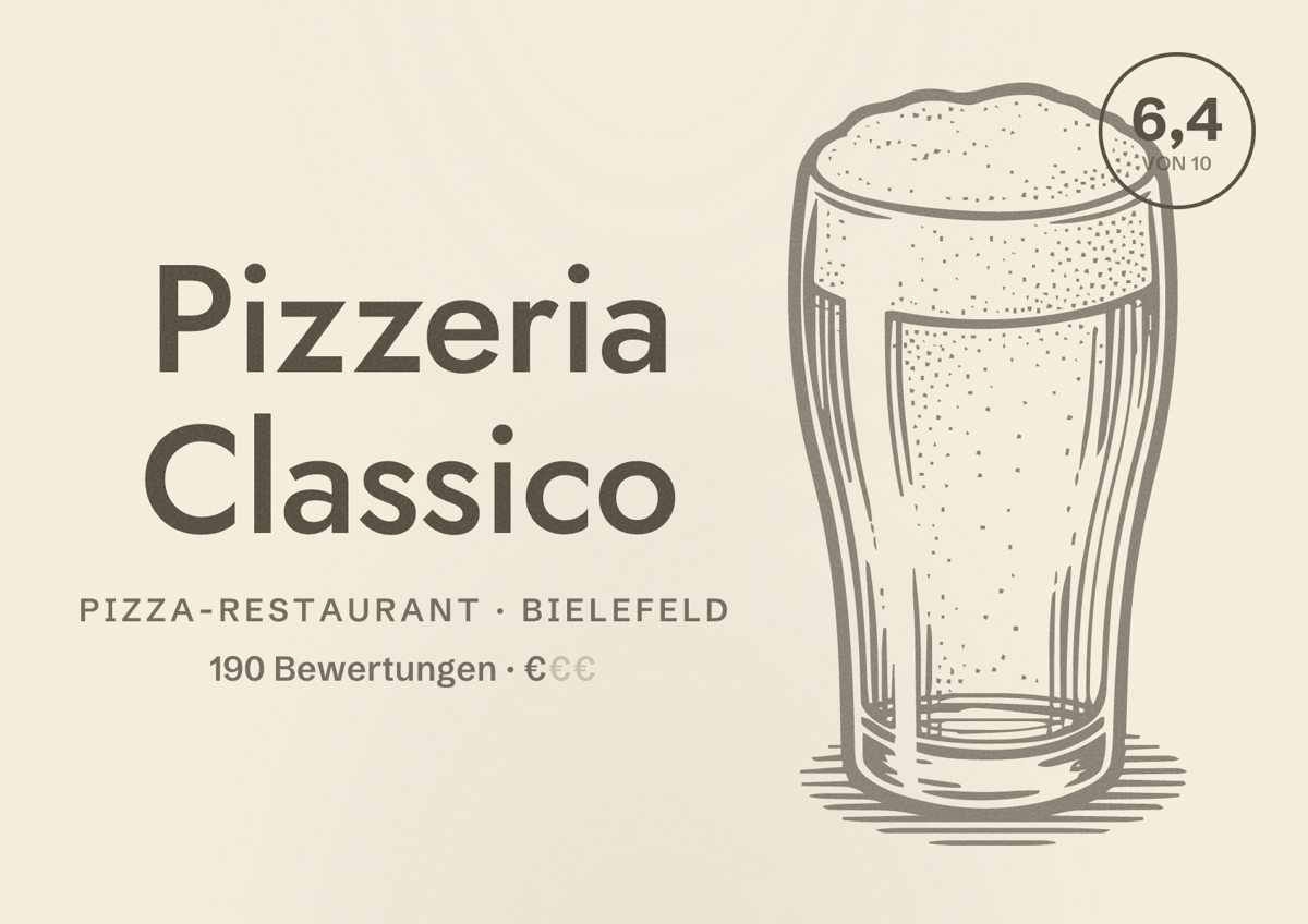 Illustriertes Poster von Pizzeria Classico, Pizza-Restaurant in Bielefeld: Bewertung 6,4 von 10 aus 190 Bewertungen, Preisniveau €