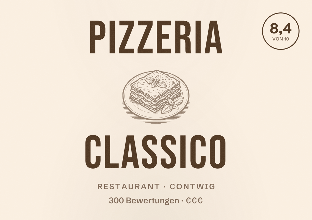 Illustriertes Poster von Pizzeria Classico, Restaurant in Contwig: Bewertung 8,4 von 10 aus 300 Bewertungen, Preisniveau €€€