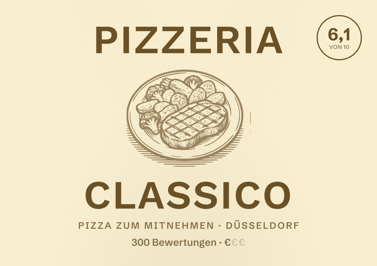 Illustriertes Poster von Pizzeria Classico, Pizza zum Mitnehmen in Düsseldorf: Bewertung 6,1 von 10 aus 300 Bewertungen, Preisniveau €