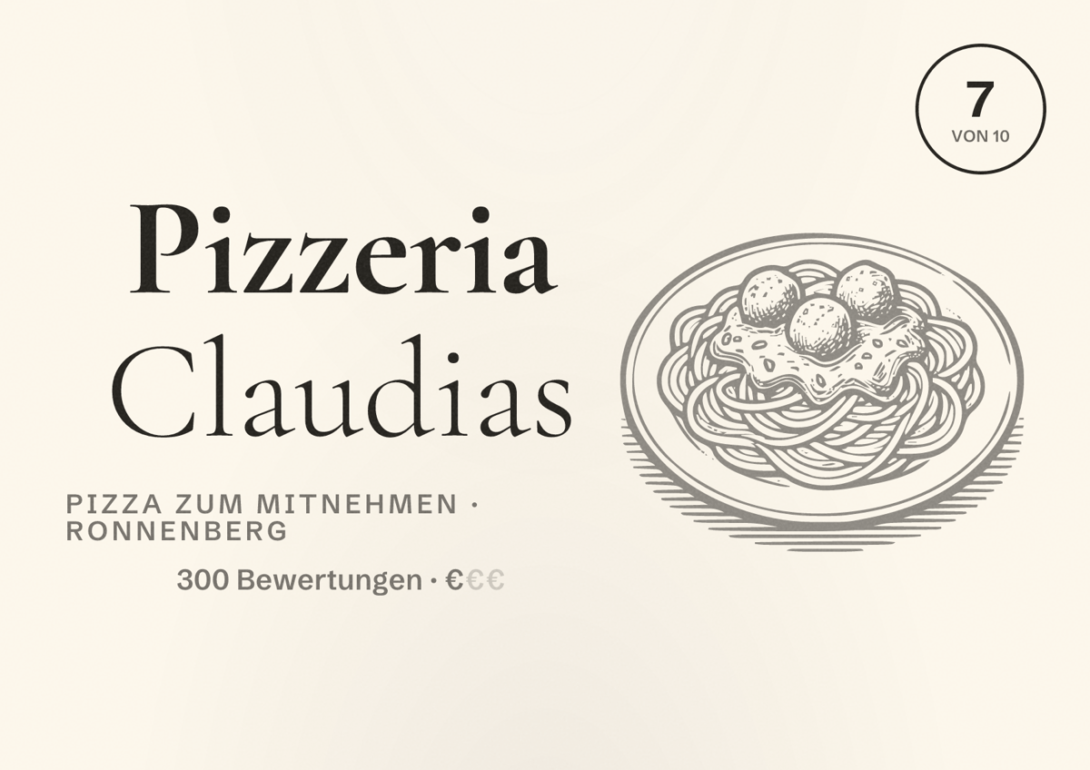 Illustriertes Poster von Pizzeria Claudias, Pizza zum Mitnehmen in Ronnenberg: Bewertung 7 von 10 aus 300 Bewertungen, Preisniveau €