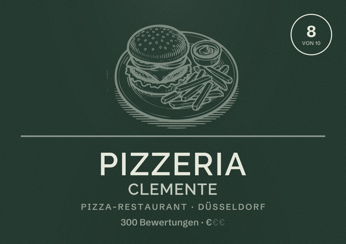 Illustriertes Poster von Pizzeria Clemente, Pizza-Restaurant in Düsseldorf: Bewertung 8,0 von 10 aus 300 Bewertungen, Preisniveau €