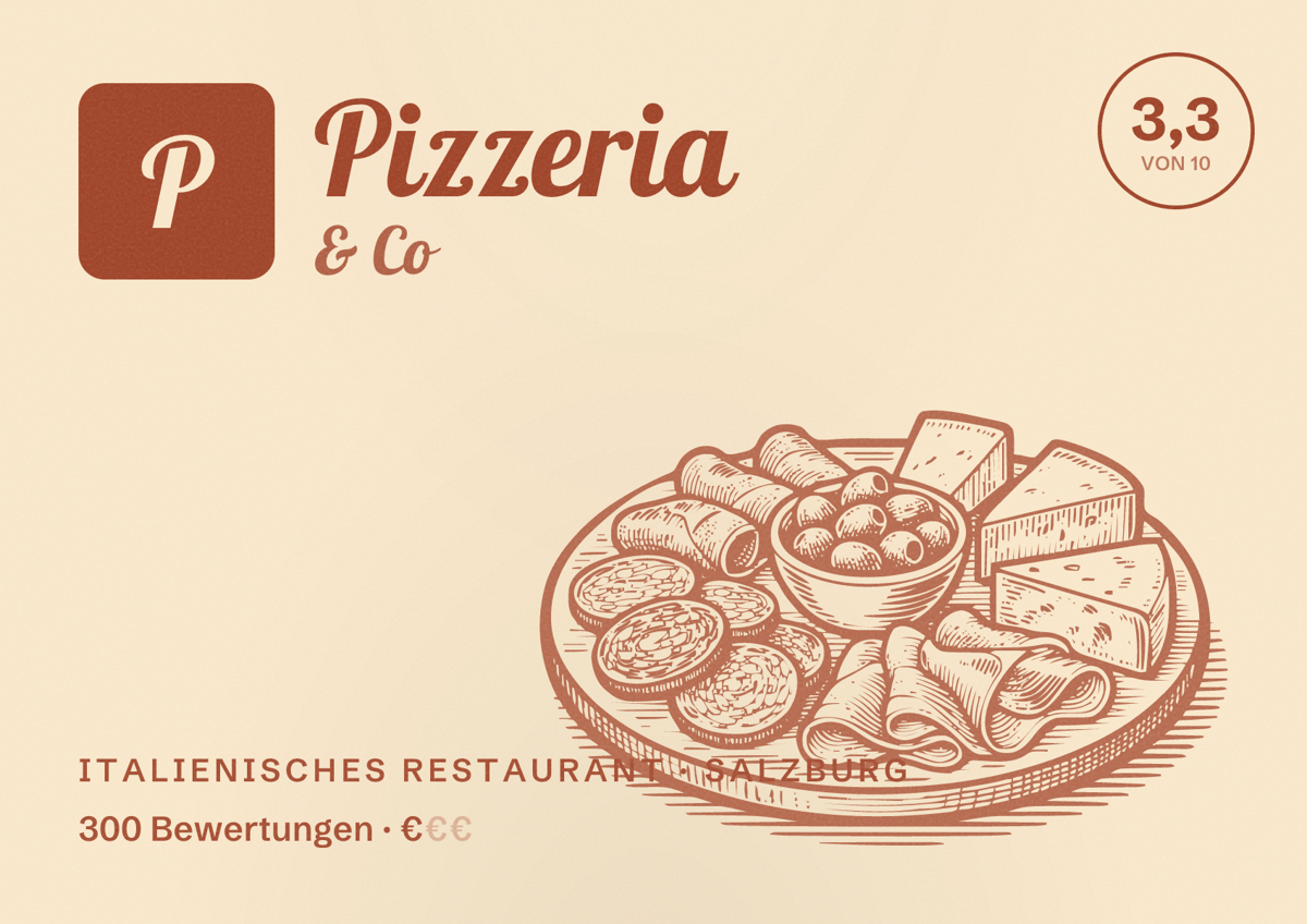 Illustriertes Poster von Pizzeria & Co, Italienisches Restaurant in Salzburg: Bewertung 3,3 von 10 aus 300 Bewertungen, Preisniveau €