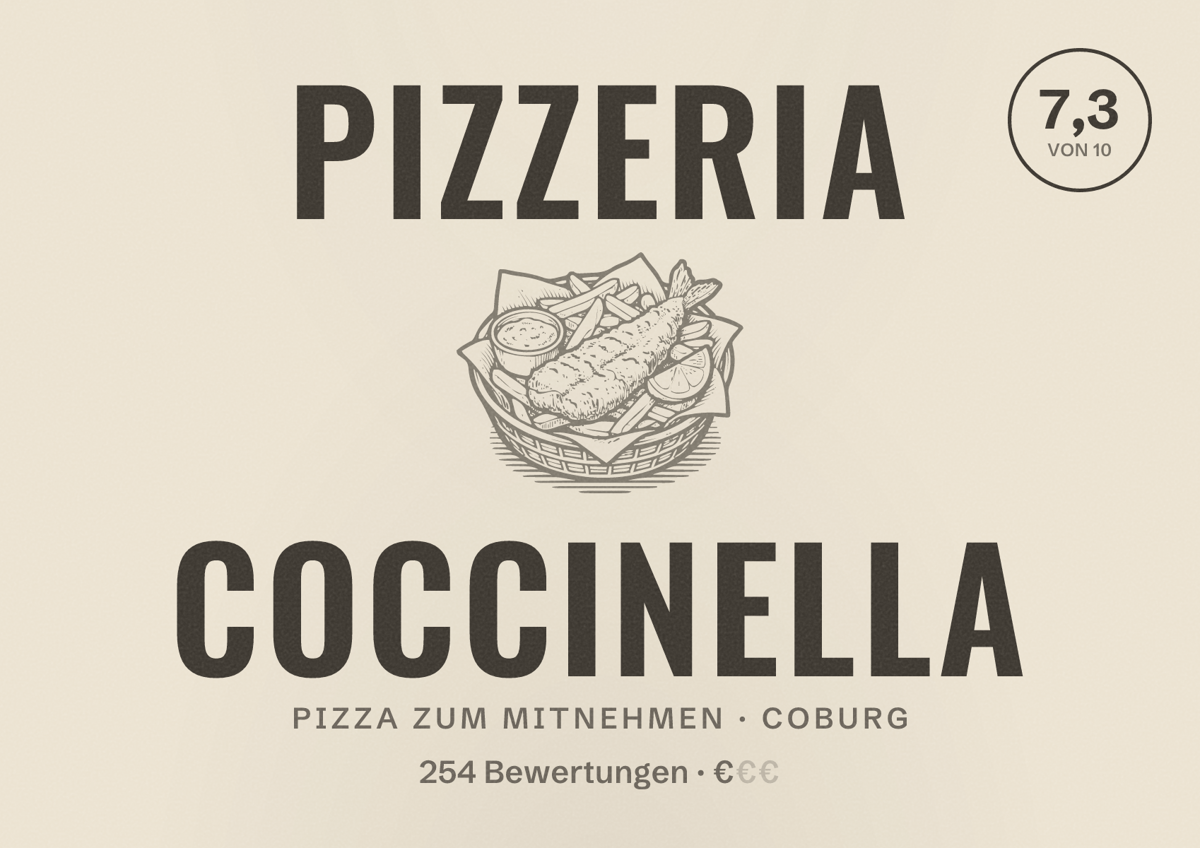 Illustriertes Poster von Pizzeria Coccinella, Pizza zum Mitnehmen in Coburg: Bewertung 7,3 von 10 aus 254 Bewertungen, Preisniveau €
