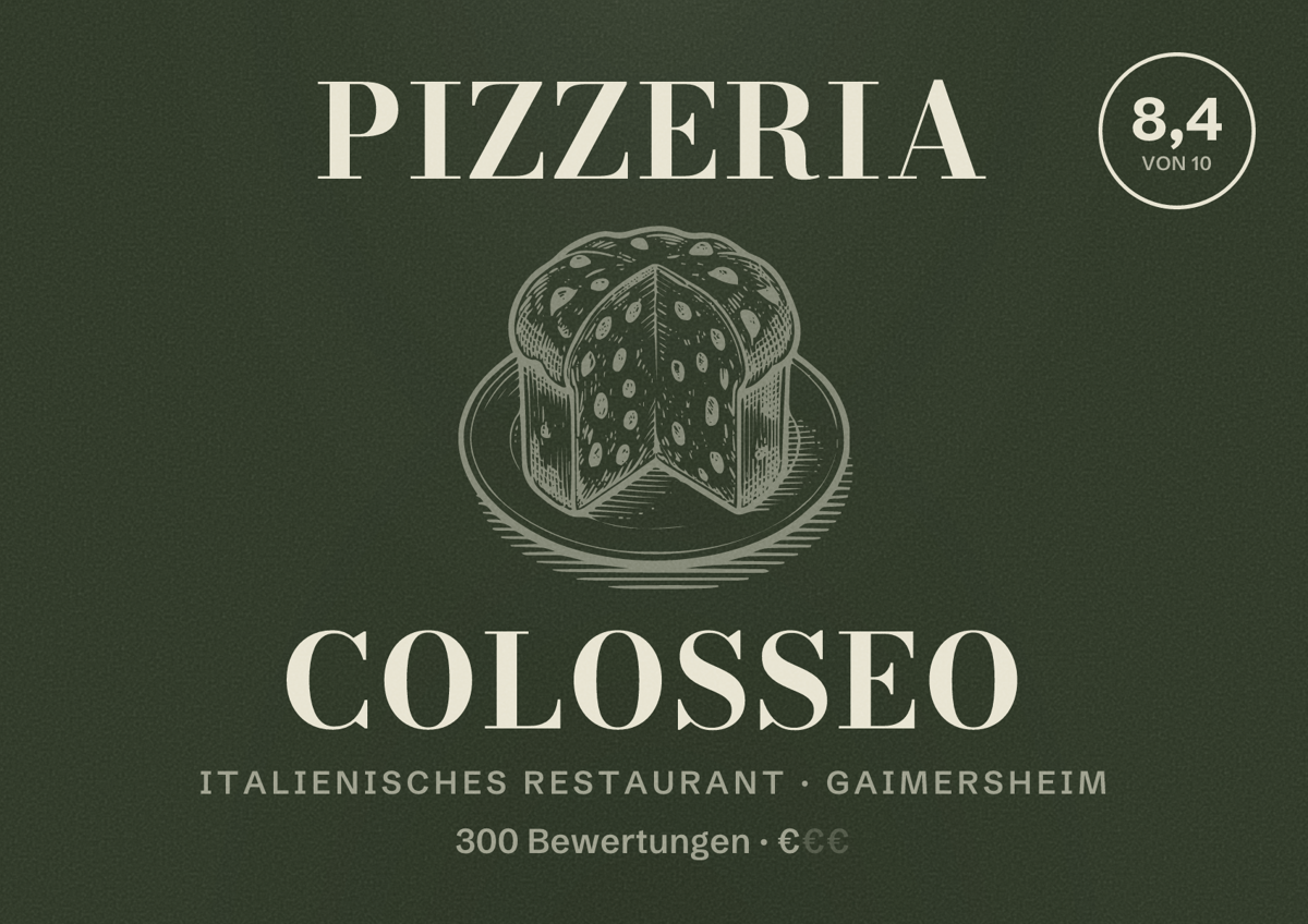 Illustriertes Poster von Pizzeria Colosseo, Italienisches Restaurant in Gaimersheim: Bewertung 8,4 von 10 aus 300 Bewertungen, Preisniveau €
