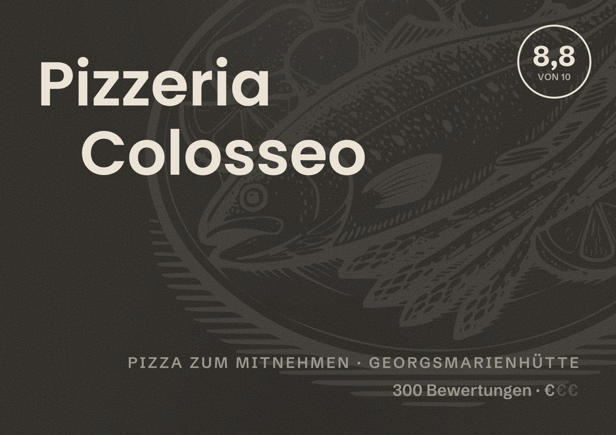 Illustriertes Poster von Pizzeria Colosseo, Pizza zum Mitnehmen in Georgsmarienhütte: Bewertung 8,8 von 10 aus 300 Bewertungen, Preisniveau €
