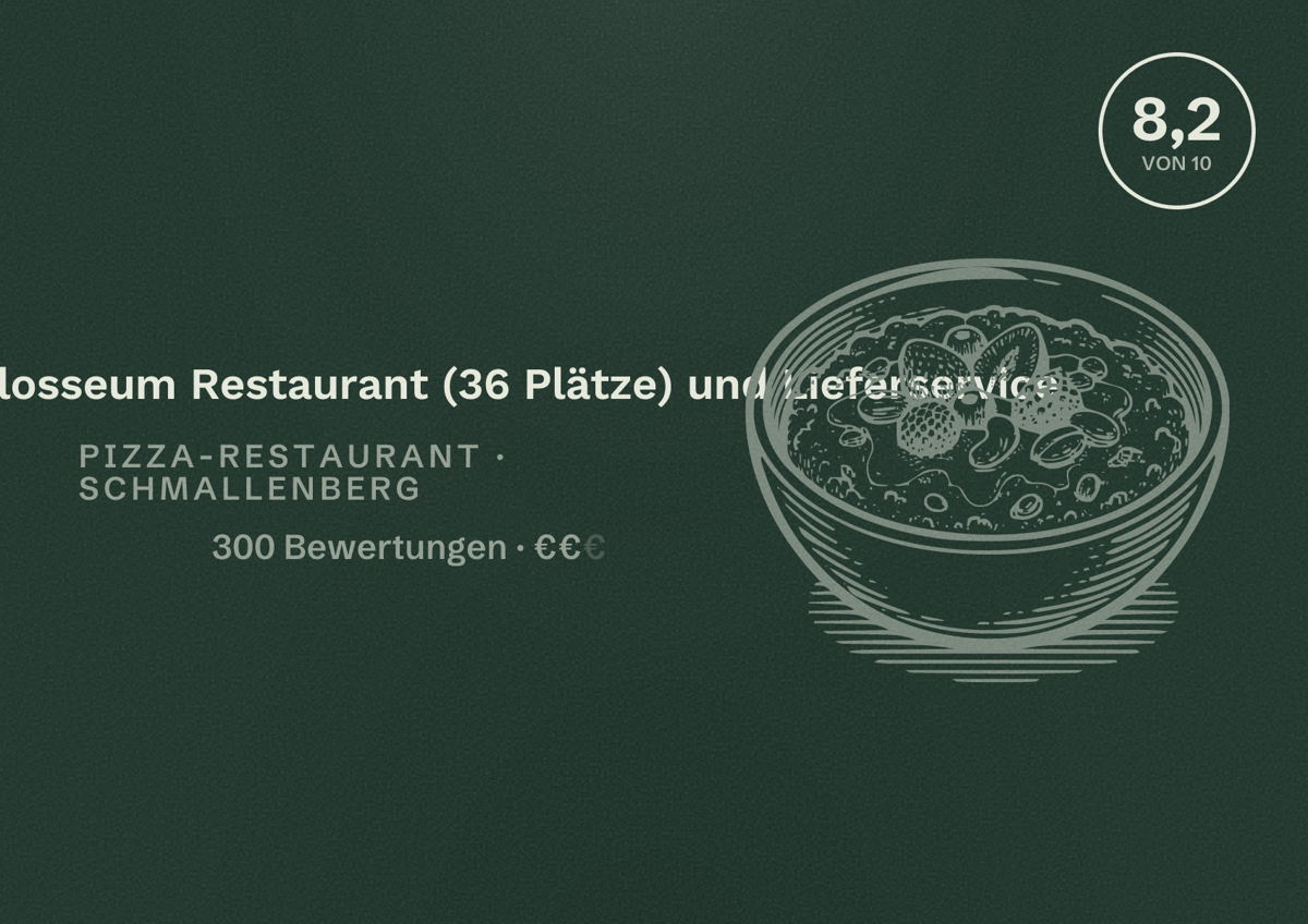 Illustriertes Poster von Pizzeria Colosseum Restaurant (36 Plätze) und Lieferservice, Pizza-Restaurant in Schmallenberg: Bewertung 8,2 von 10 aus 300 Bewertungen, Preisniveau €€