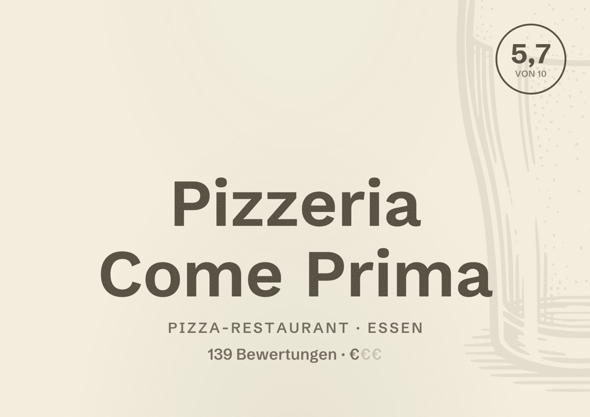 Illustriertes Poster von Pizzeria Come Prima, Pizza-Restaurant in Essen: Bewertung 5,7 von 10 aus 139 Bewertungen, Preisniveau €