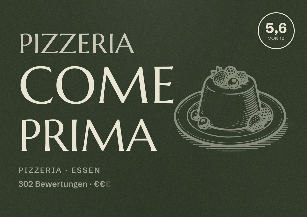 Illustriertes Poster von Pizzeria Come Prima, Pizzeria in Essen: Bewertung 5,6 von 10 aus 302 Bewertungen, Preisniveau €€