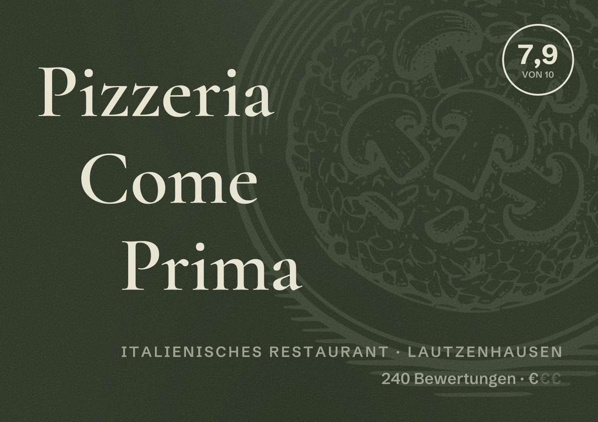 Illustriertes Poster von Pizzeria Come Prima, Italienisches Restaurant in Lautzenhausen: Bewertung 7,9 von 10 aus 240 Bewertungen, Preisniveau €