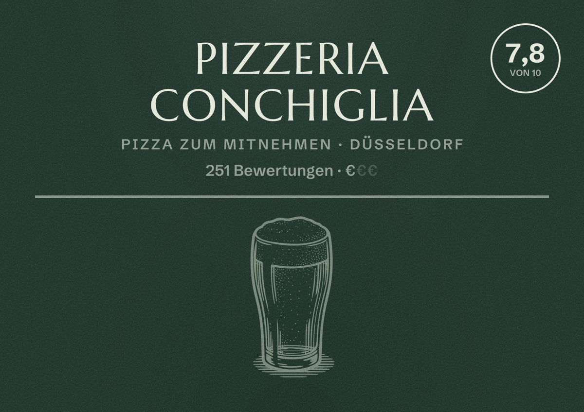 Illustriertes Poster von Pizzeria Conchiglia, Pizza zum Mitnehmen in Düsseldorf: Bewertung 7,8 von 10 aus 251 Bewertungen, Preisniveau €