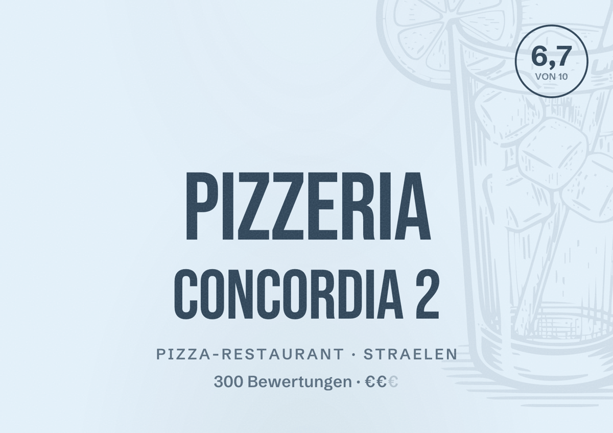 Illustriertes Poster von Pizzeria Concordia 2, Pizza-Restaurant in Straelen: Bewertung 6,7 von 10 aus 300 Bewertungen, Preisniveau €€