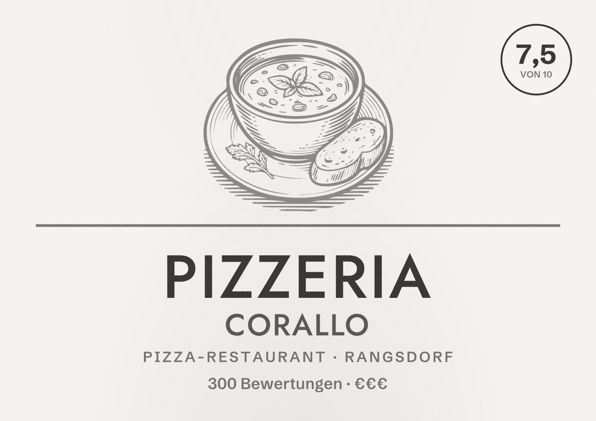 Illustriertes Poster von Pizzeria Corallo, Pizza-Restaurant in Rangsdorf: Bewertung 7,5 von 10 aus 300 Bewertungen, Preisniveau €€€