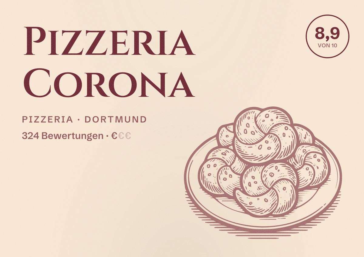 Illustriertes Poster von Pizzeria Corona, Pizzeria in Dortmund: Bewertung 8,9 von 10 aus 324 Bewertungen, Preisniveau €