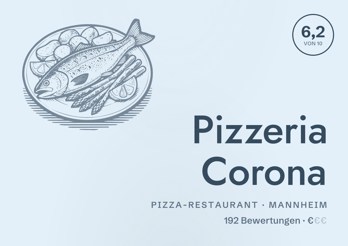 Illustriertes Poster von Pizzeria Corona, Pizza-Restaurant in Mannheim: Bewertung 6,2 von 10 aus 192 Bewertungen, Preisniveau €