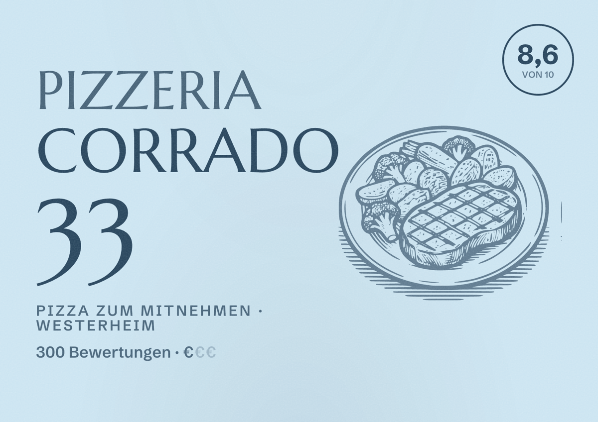 Illustriertes Poster von Pizzeria Corrado 33, Pizza zum Mitnehmen in Westerheim: Bewertung 8,6 von 10 aus 300 Bewertungen, Preisniveau €