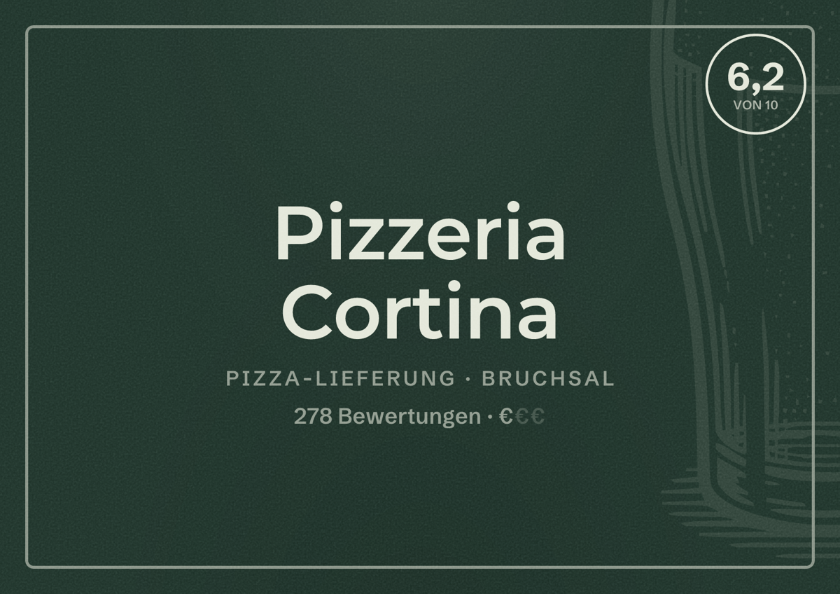 Illustriertes Poster von Pizzeria Cortina, Pizza-Lieferung in Bruchsal: Bewertung 6,2 von 10 aus 278 Bewertungen, Preisniveau €
