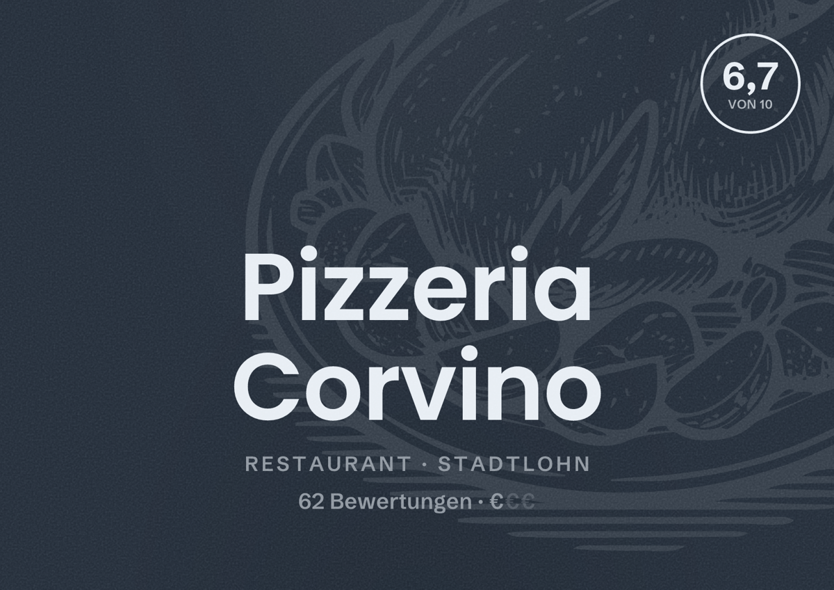 Illustriertes Poster von Pizzeria Corvino, Restaurant in Stadtlohn: Bewertung 6,7 von 10 aus 62 Bewertungen, Preisniveau €