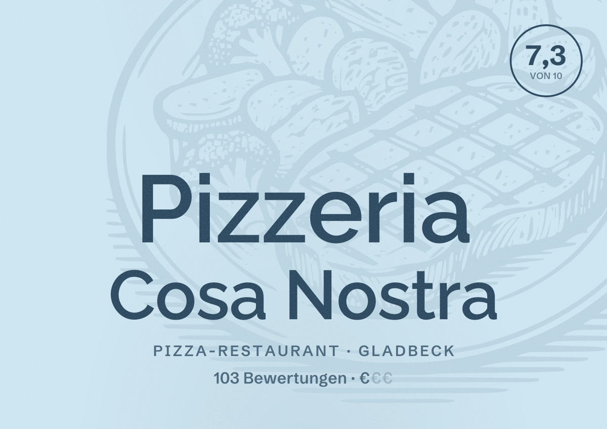 Illustriertes Poster von Pizzeria Cosa Nostra, Pizza-Restaurant in Gladbeck: Bewertung 7,3 von 10 aus 103 Bewertungen, Preisniveau €