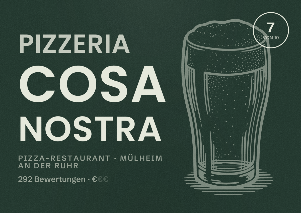 Illustriertes Poster von Pizzeria Cosa Nostra, Pizza-Restaurant in Mülheim an der Ruhr: Bewertung 7 von 10 aus 292 Bewertungen, Preisniveau €
